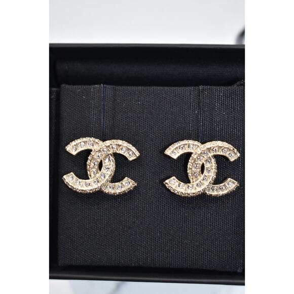 Chanel REV Gold Transparent Crystal CC Logo Classic Statement Stud Drop Earrings - Picture 8 of 11